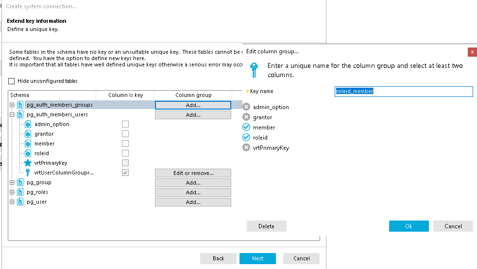 Create system connection... Extend key information Define a unique key. Some tables in the schema haue no key or an unsuitable unique key. These tables cannot be defined. You haue the option to define new keys here. It is important that all tables haue well defined unique keys otherwise a serious error may occl Hide unconfigured tables Edit column group... Enter a unique name for the column group and select at least ovo columns. Schema 60]pg au members pg_auth members admin_option member uttPrimaryKey Column is key _grou users Column group Add... Add... Add... Add... Key name admin_option member vrtPrimayKey utLlserCoIumnGroupr... pg_group pg_user roleid member Cancel Cancel 